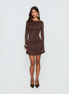 Mallissa Long Sleeve Ruffled Mini Dress Brown