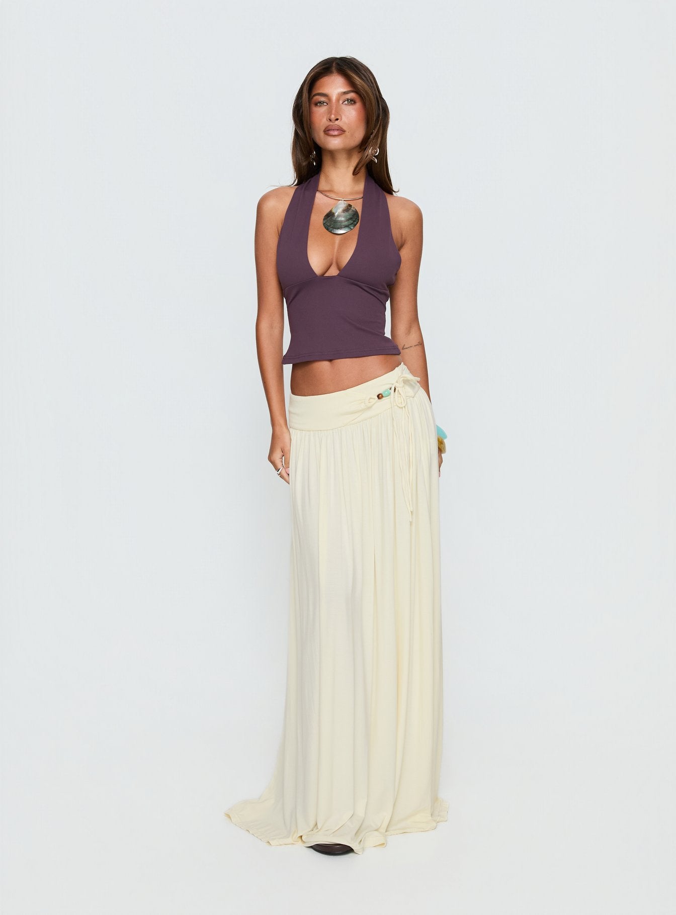 Velvet Storm Tie Detail Flowy Maxi Skirt Cream | Princess Polly