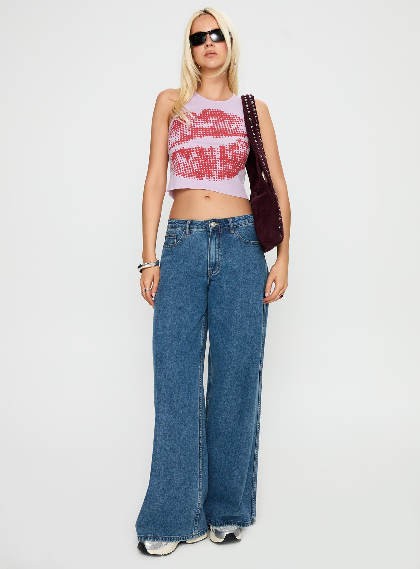 front view of model wearing Princess Polly Kiss Of Love Graphic Top Purple Sleeveless Crew Neck 