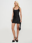 front view of model wearing Princess Polly 90s Baby Satin Mini Dress Black Square Neck 