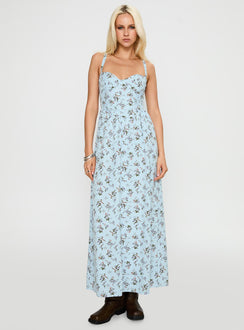 side view of model wearing Princess Polly Izebella Maxi Dress Blue Floral Sweetheart Neckline 