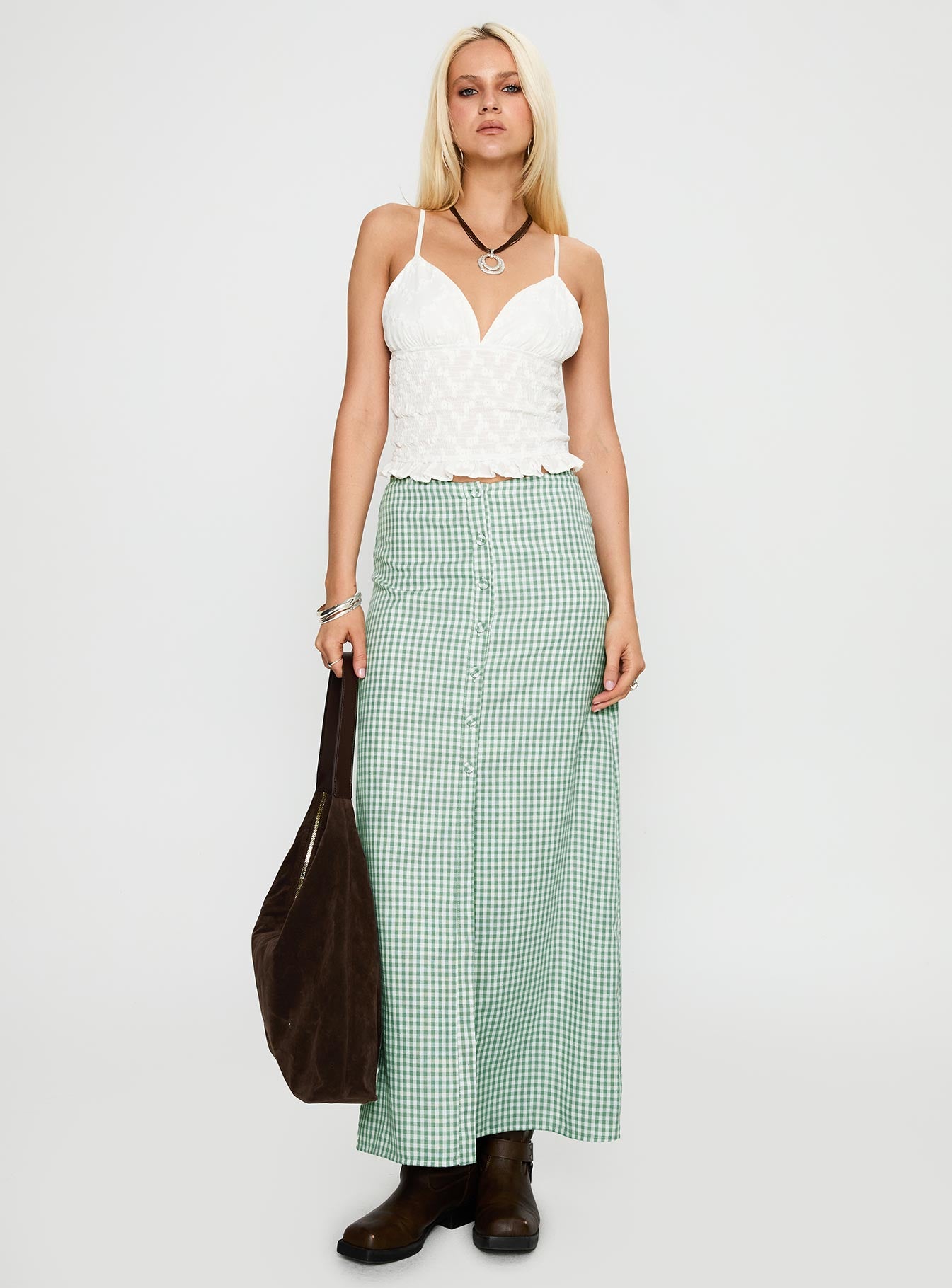   front view of model wearing Princess Polly Macadamia Maxi Skirt Green / White Maxi 