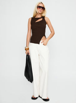 front view of model wearing Princess Polly Cash Out Twist Detail Top Chocolate Sleeveless High Neck 