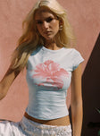 front view of model wearing Princess Polly Owenz Hibiscus Baby Tee Blue Short Sleeves 