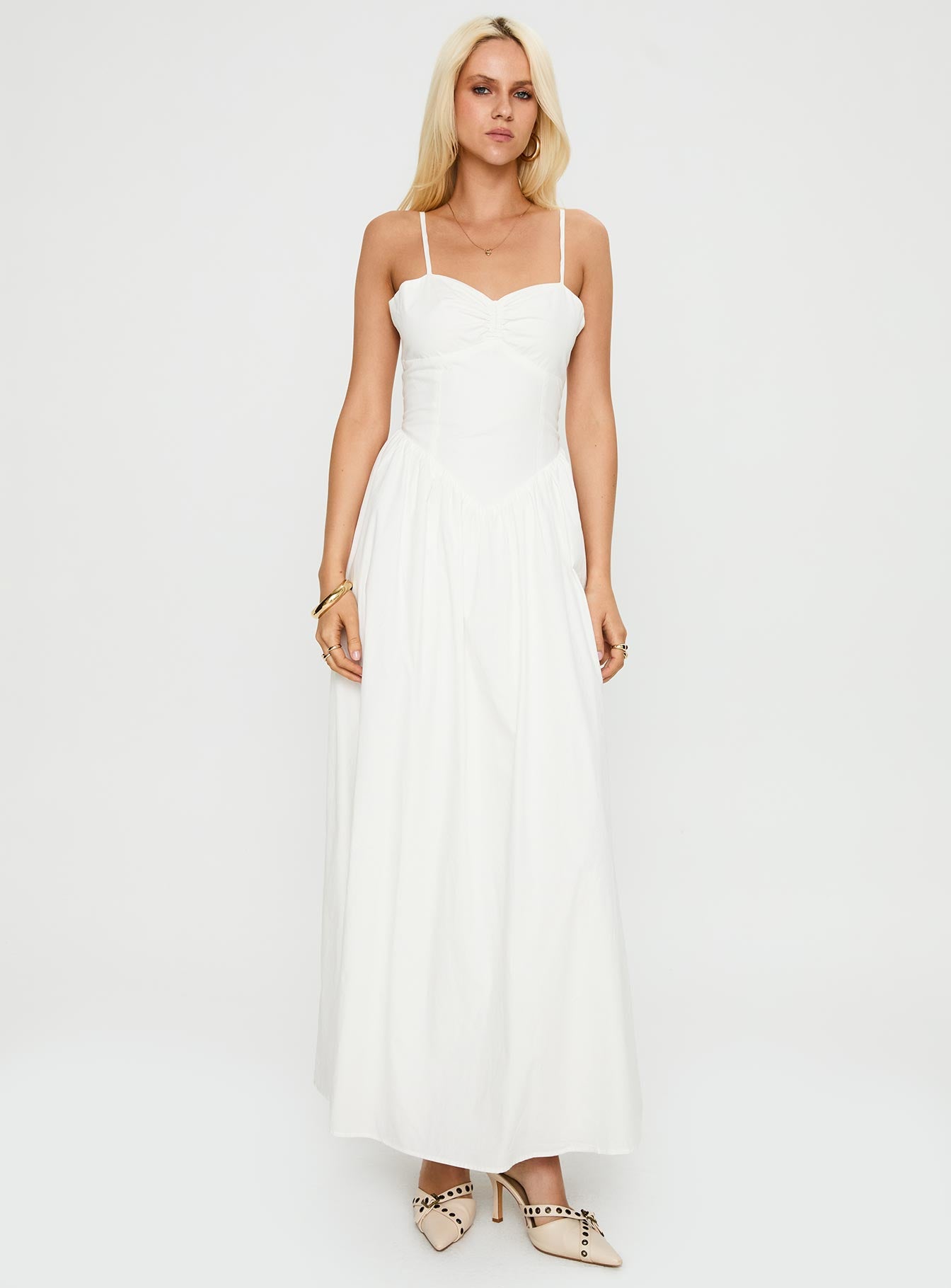 front view of model wearing Princess Polly Ceremonious Maxi Dress White Sweetheart Neckline 