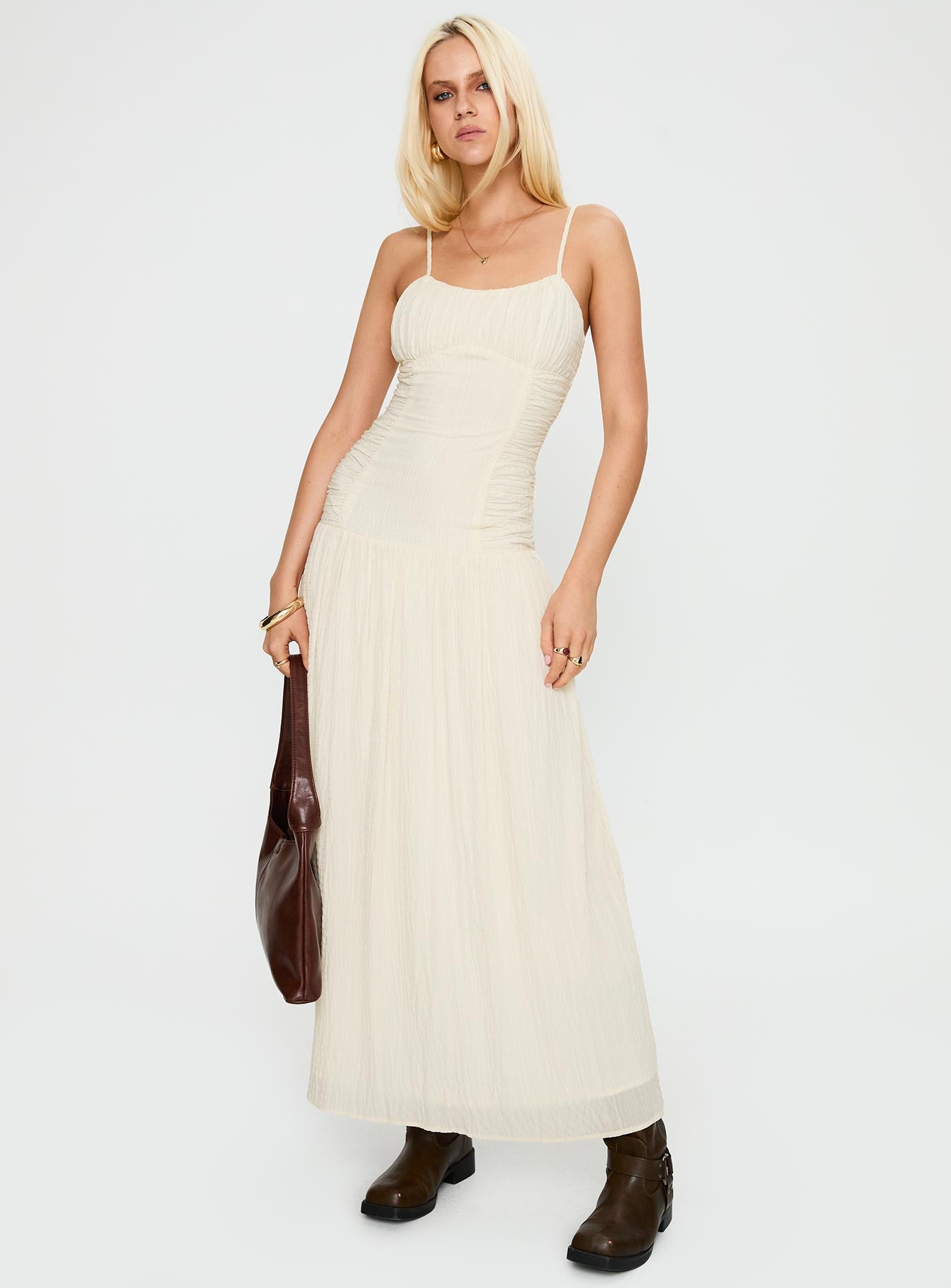 front view of model wearing Princess Polly Quinley Shirred Maxi Dress Cream Scoop Neck 