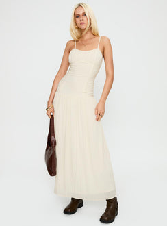 front view of model wearing Princess Polly Quinley Shirred Maxi Dress Cream Scoop Neck 