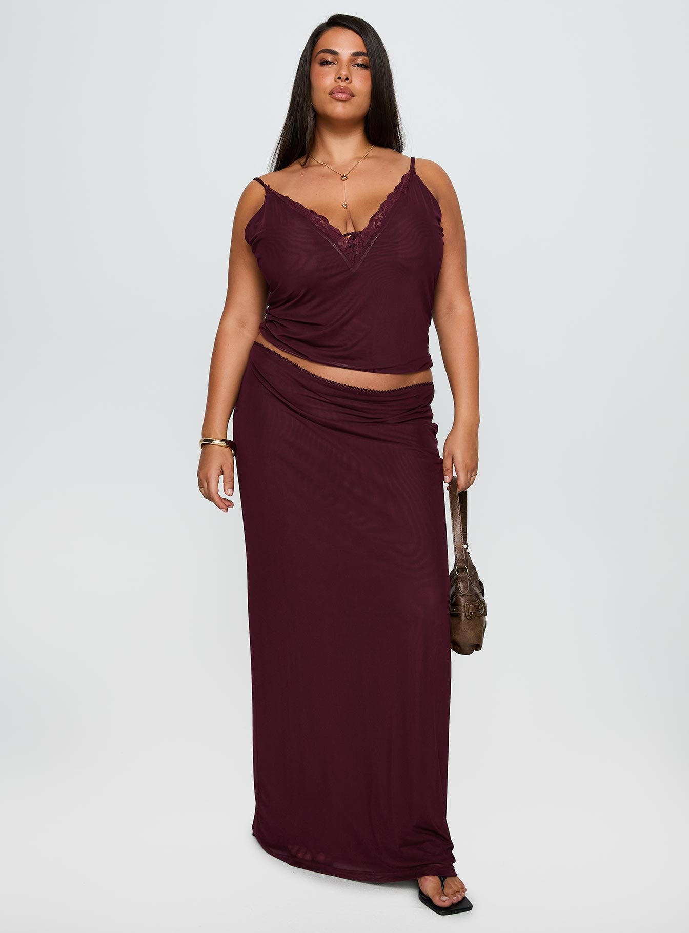 Reiko Lace Trim Tie Front Maxi Set Burgundy Curve
