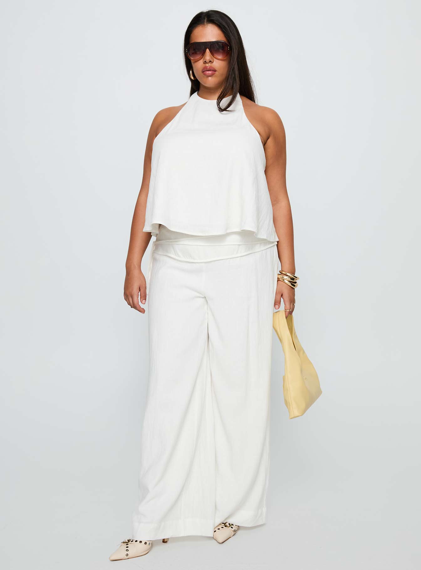 front view of model wearing Princess Polly Silver Moon Linen Blend Tie Pants White Curve High Waisted Pants 