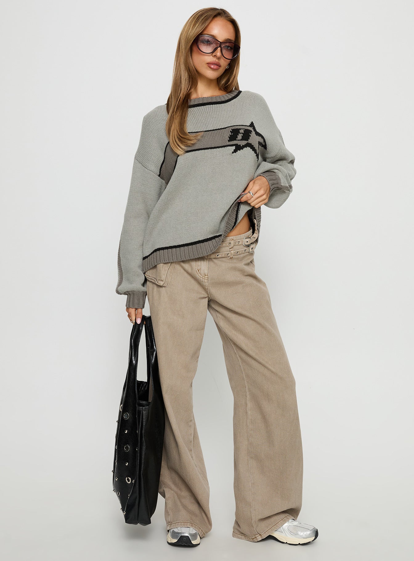 front view of model wearing Princess Polly Star Track Graphic Jumper Grey Longline Jumpers 