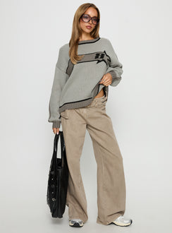 front view of model wearing Princess Polly Star Track Graphic Jumper Grey Longline Jumpers 