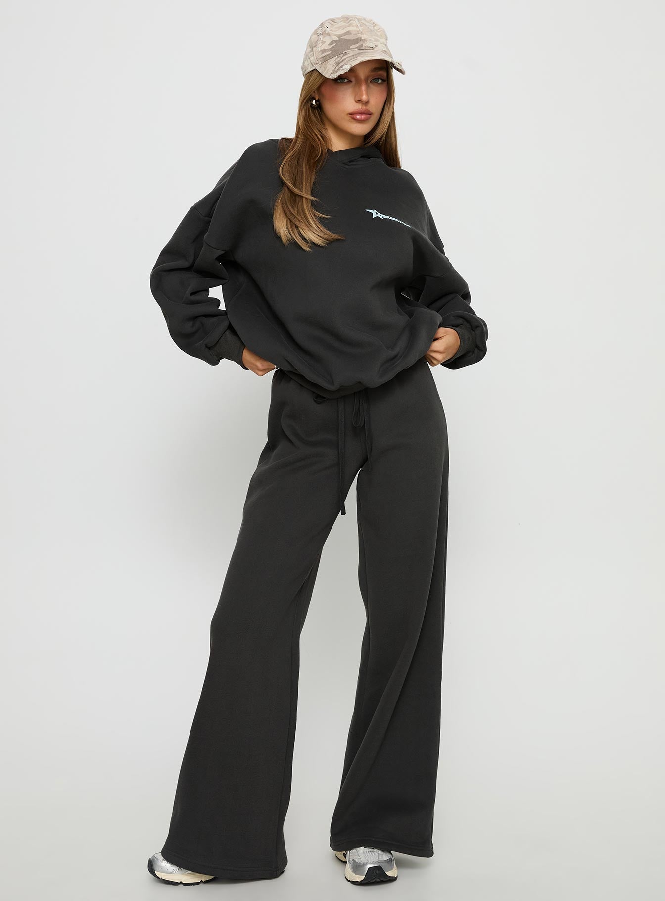 front view of model wearing Princess Polly Princess Polly Stargirl Wide Leg Sweat Pants Charcoal High Rise Pants 