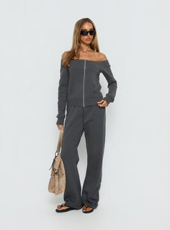 front view of model wearing Princess Polly Rylan Low Rise Joggers Grey Low Rise Pants 