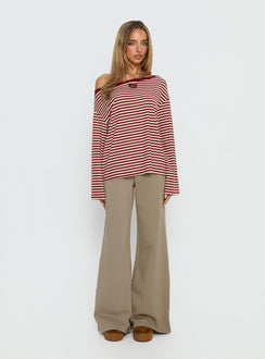 front view of model wearing Princess Polly Ralyssa Off Shoulder Long Sleeve Top Red Stripe Longline Jumpers 