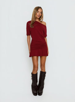 Haylo Off Shoulder Drape Mini Dress Burgundy