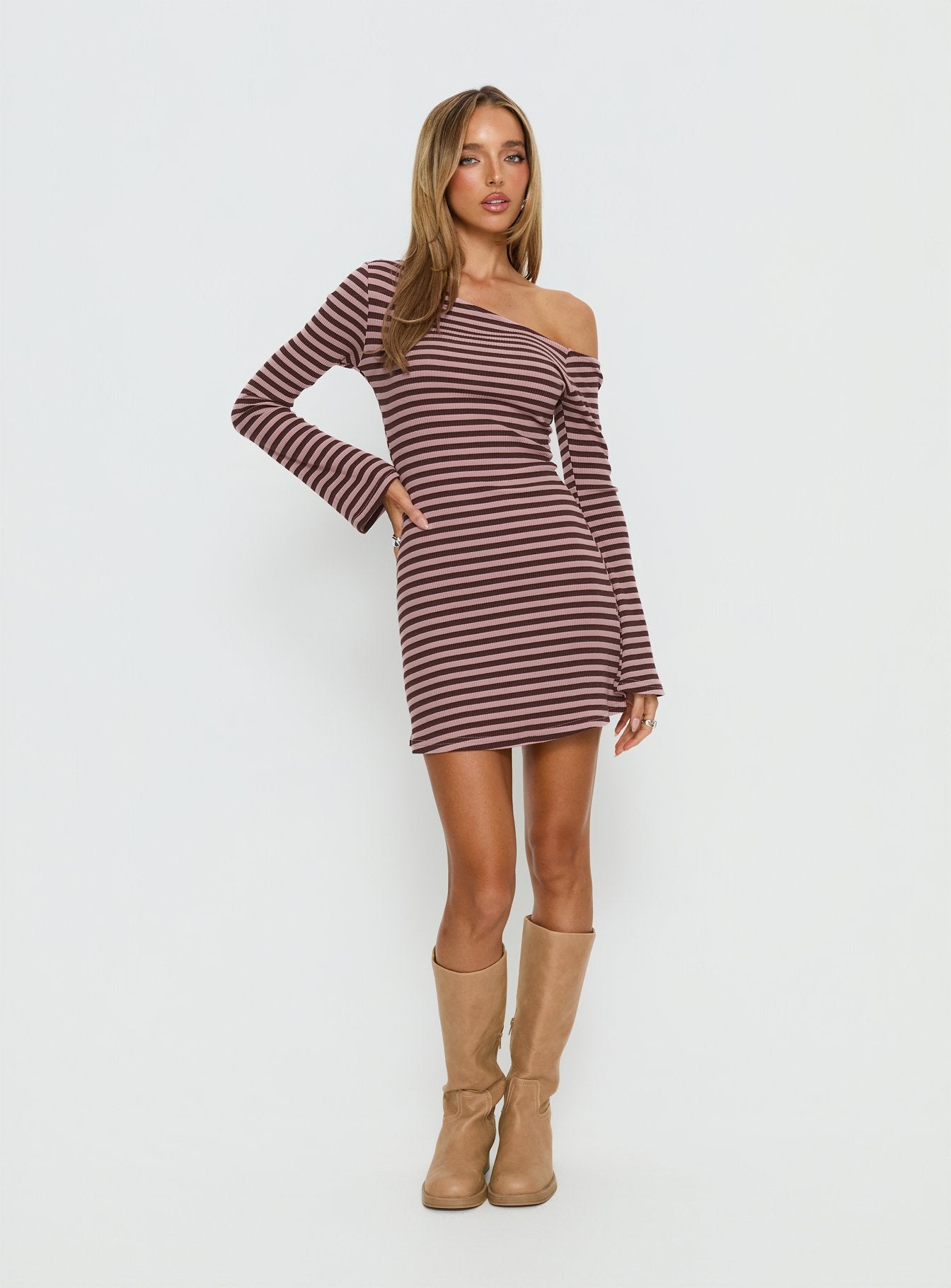 off shoulder dress stripe Striped Off The Shoulder Long Sleeve Knit Maxi Dress