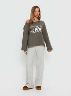 back view of model wearing Princess Polly Blue Ridge Mountains Off Shoulder Graphic Sweater Grey 