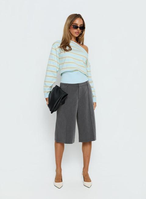 Zinia Off Shoulder Knit Sweater Grey / Blue Stripe