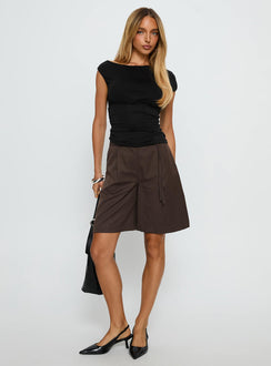 Lorina Tailored Longline Shorts Brown Pinstripe