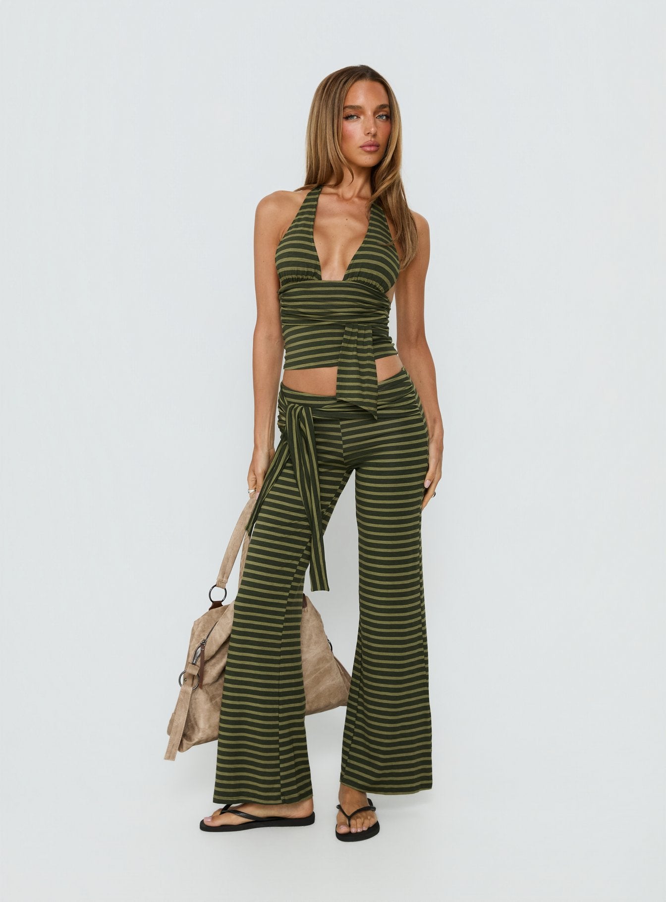 front view of model wearing Princess Polly Esata Tie Detail Pants Green Stripe Mid Rise Pants 