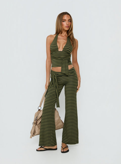 front view of model wearing Princess Polly Esata Tie Detail Pants Green Stripe Mid Rise Pants 