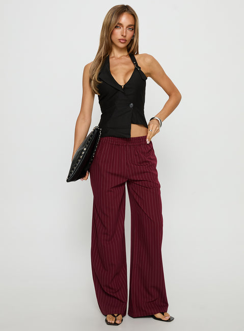 front view of model wearing Princess Polly Jaysa Baggy Wide Leg Pant Burgundy Pinstripe Mid Rise Pants 