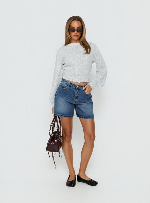 front view of model wearing Princess Polly Dawsen Button Down Cardigan Grey cropped 