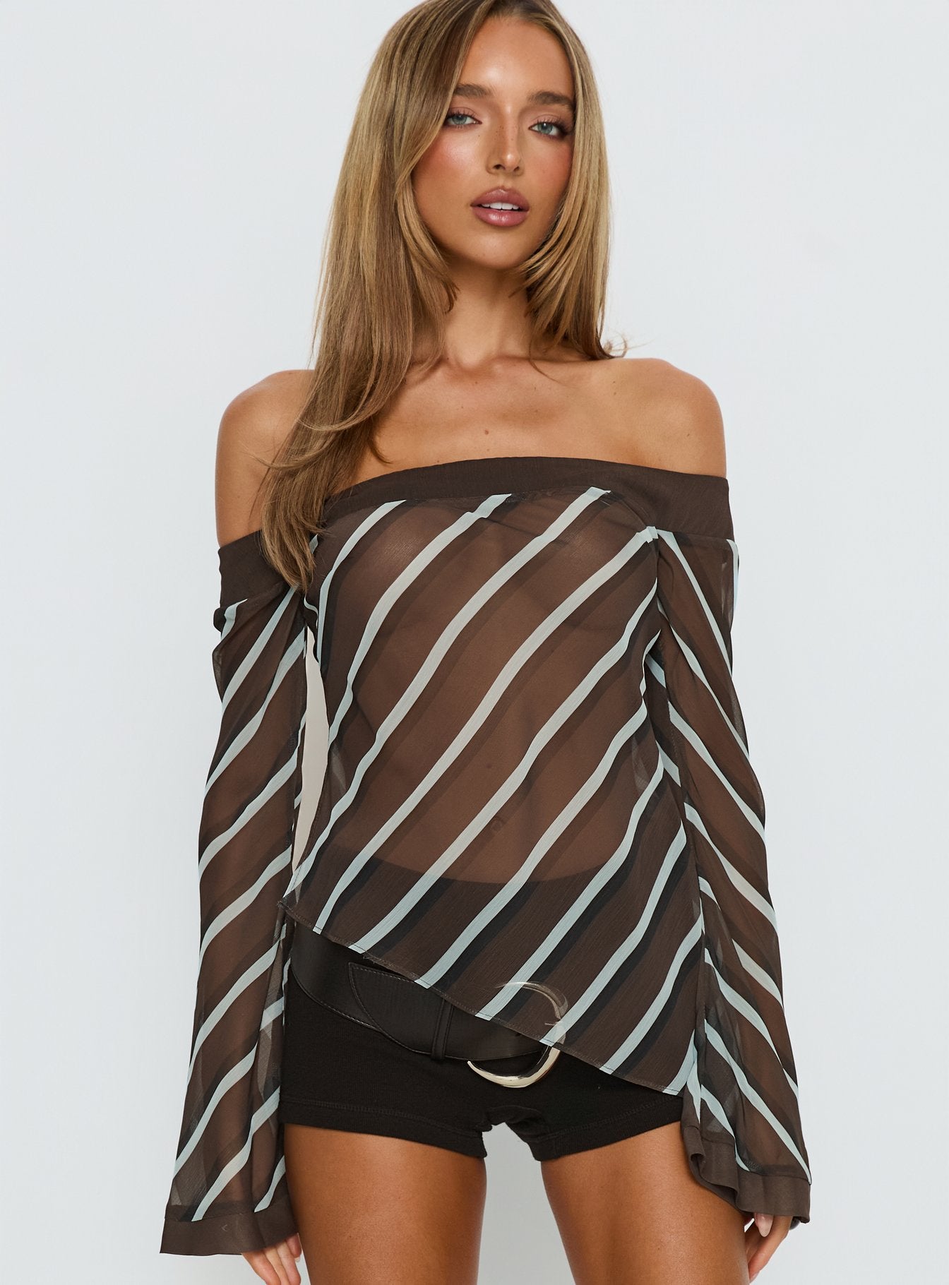 Trinkie Long Sleeve Off Shoulder Chiffon Top Navy Stripe