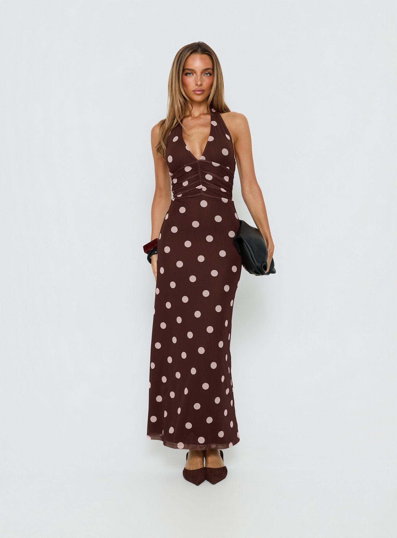 Saviana Halter Ruched Maxi Dress Chocolate | Pink Polka Dot | Chocolate | Pink Polka Dot | Womens | Princess Polly Lower Impact