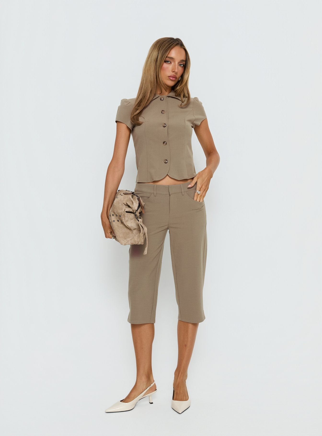 Maorah Button Up Tailored Collared Blouse Top Taupe