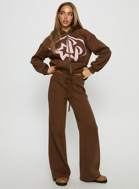front view of model wearing Princess Polly Princess Polly Stargirl Zip Through Jumper Brown Longline Jumpers 