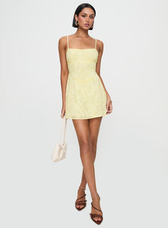 front view of model wearing Princess Polly South Of France Mini Dress Yellow Petite Square Neck 