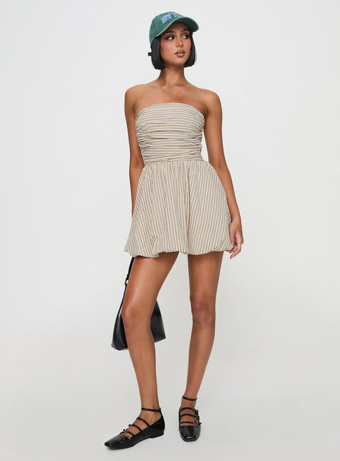 Quinette Strapless Bubble Hem Mini Dress Beige Stripe | Princess Polly Quinette Strapless Bubble Hem Mini Dress Beige Stripe | Princess Polly
