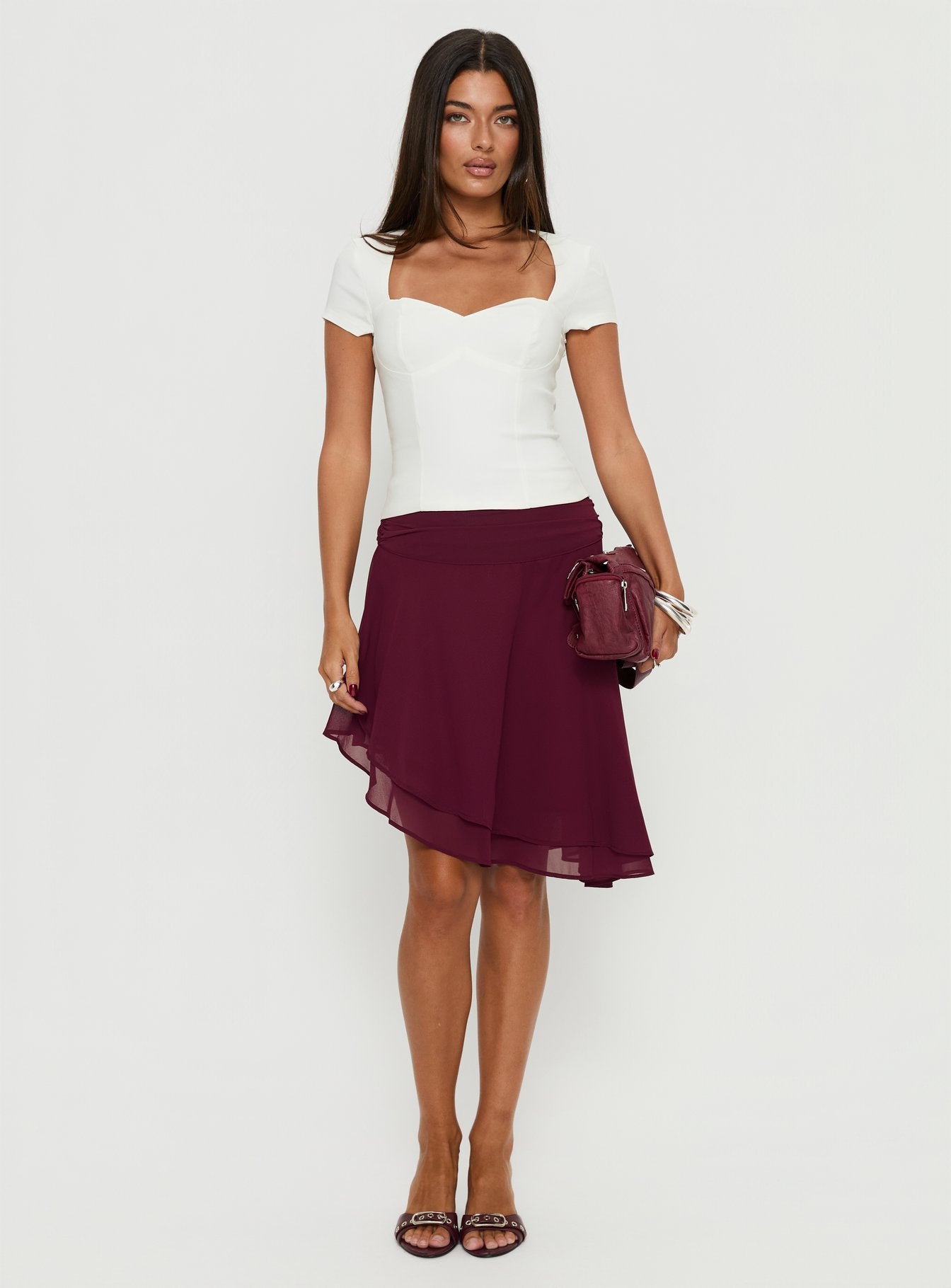 Evanescence Asymmetrical Midi Skirt Cherry | Princess Polly