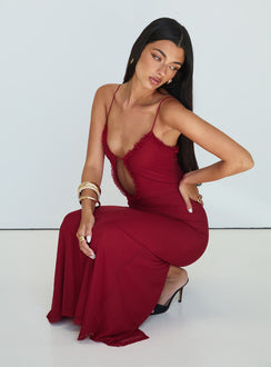 side view of model wearing Princess Polly Capisce Maxi Dress Red Plunger 