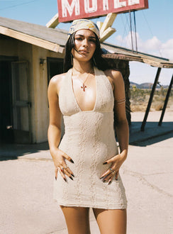 front view of model wearing Princess Polly Youthful Spirit Halter Mini Dress Cream Plunger 