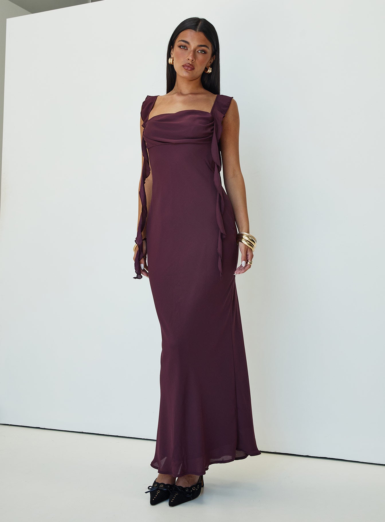 back view of model wearing Princess Polly Lanai Maxi Dress Plum Petite Square Neck 