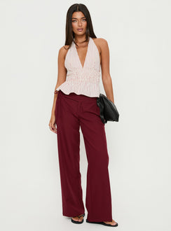 front view of model wearing Princess Polly Good Riddance Pleat Tie Slouch Pants Burgundy Mid Rise Pants 
