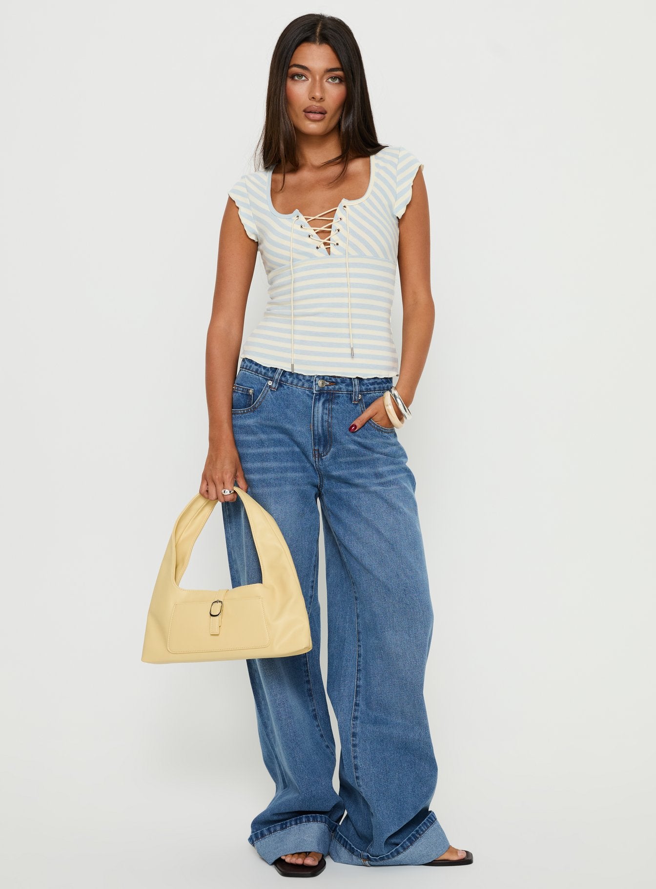 Jacenda Tie Up Short Sleeve Top Blue Stripe | Princess Polly