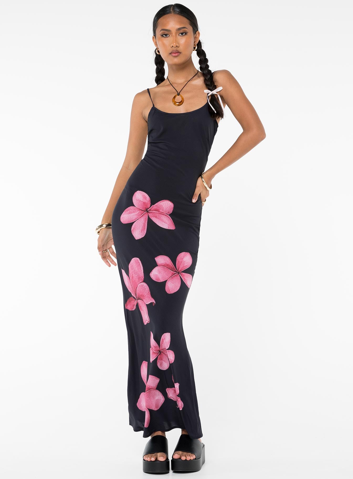 side view of model wearing Princess Polly Katrine Flower Maxi Dress Black Scoop Neck 