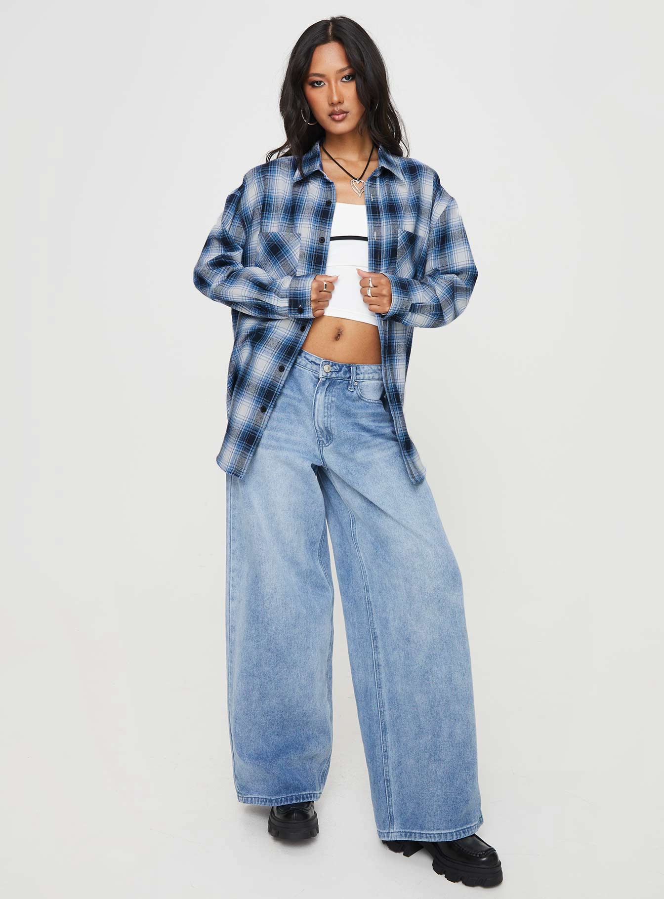 product Princess Polly Full Sleeves Square Neck  Waver Shirt Blue / Black Check