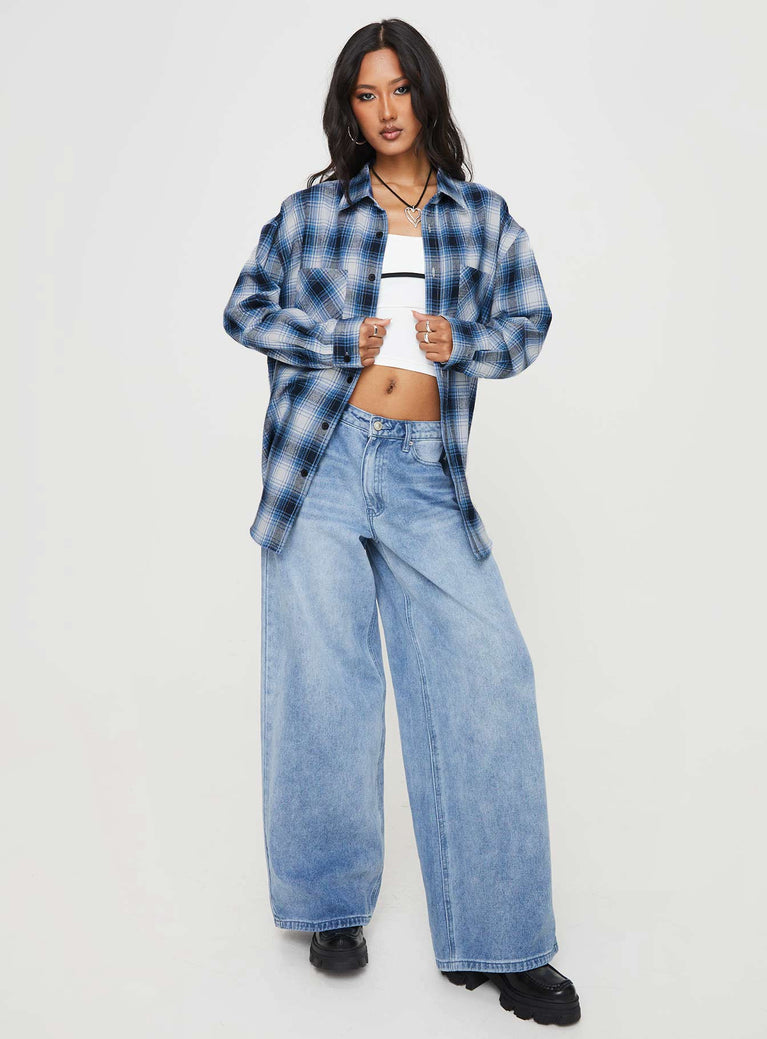 Baby Blue Flannel Contrast Pinstripe Button Down Oversized Shirt