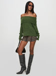 back view of model wearing Princess Polly Parkley Boucle Off The Shoulder Sweater Olive Long 