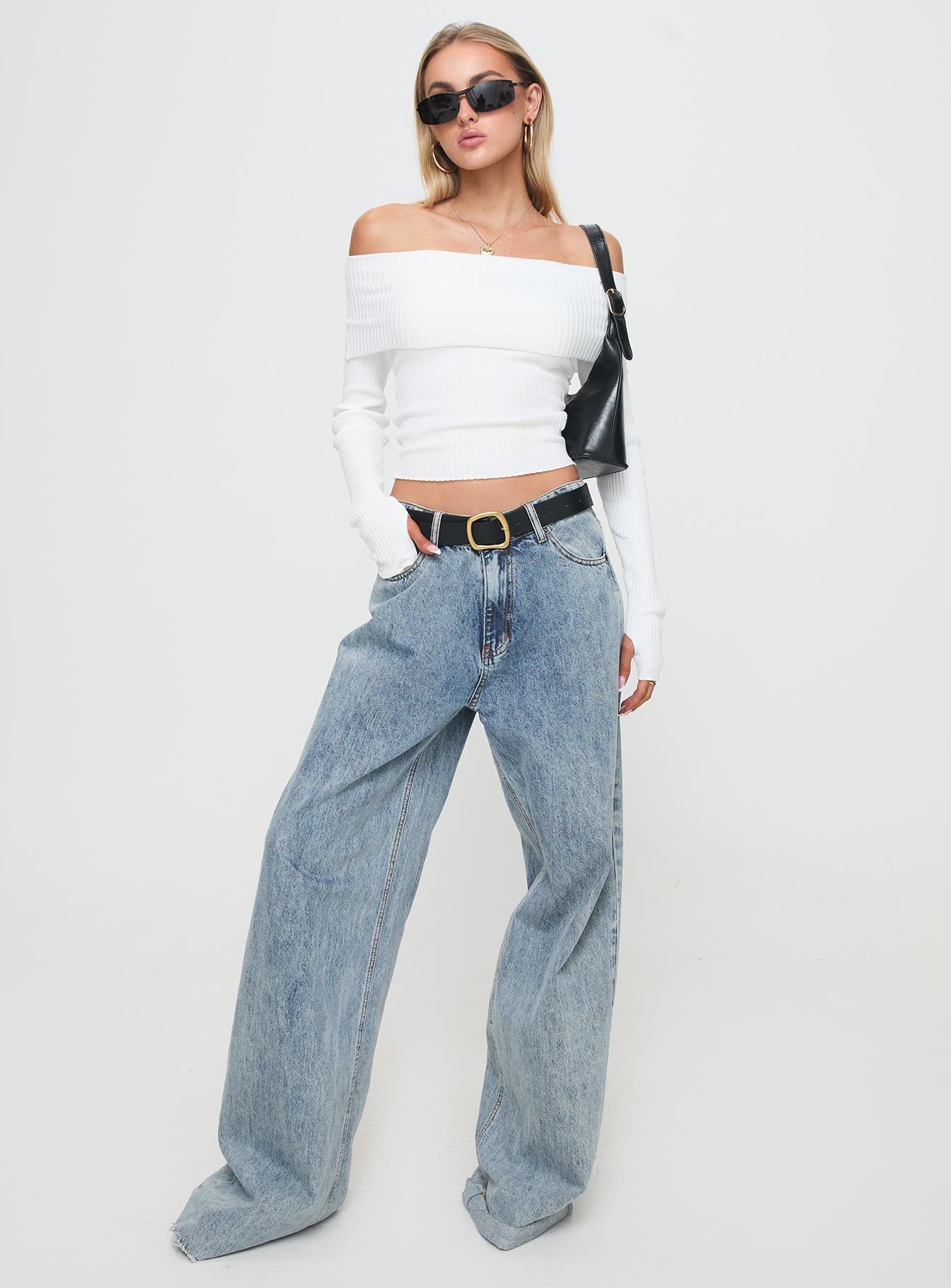 side view of model wearing Princess Polly Morley Off Shoulder Sweater White cropped 