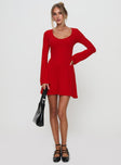 front view of model wearing Princess Polly Best Interest Long Sleeve Mini Dress Red Scoop Neck 