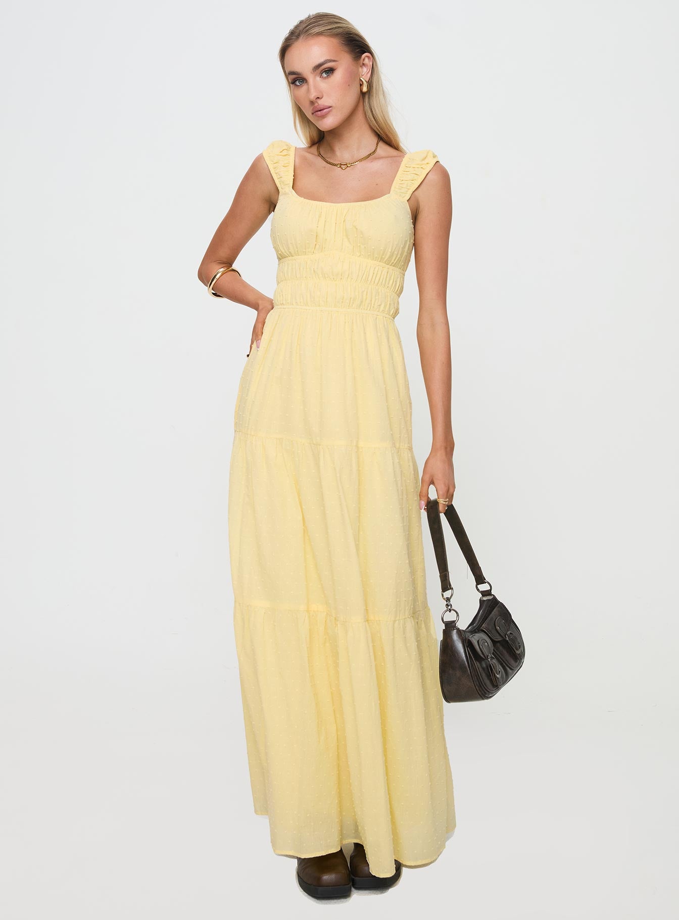 front view of model wearing Princess Polly Skieler Maxi Dress Lemon Square Neck 