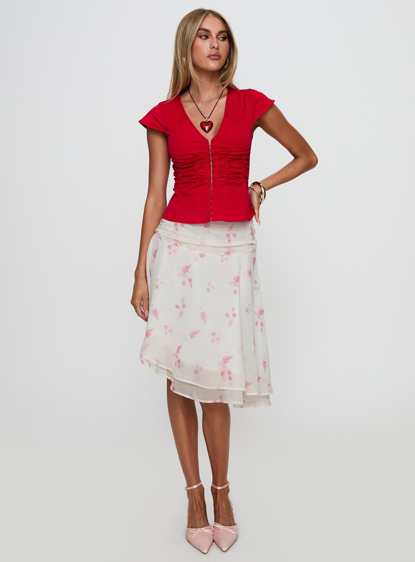   front view of model wearing Princess Polly Charisse Asymmetrical Midi Skirt Floral 