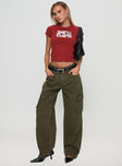 front view of model wearing Princess Polly Ahstin Cargo Jeans Green Petite Mid Rise 