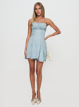 front view of model wearing Princess Polly Bluebird Jacquard Mini Dress Blue Square Neck 