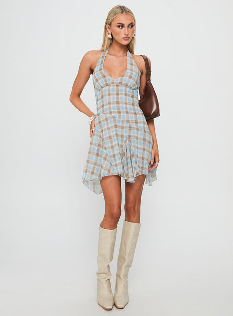 Valorie Halter Mini Dress Blue Check | Princess Polly Valorie Halter Mini Dress Blue Check | Princess Polly